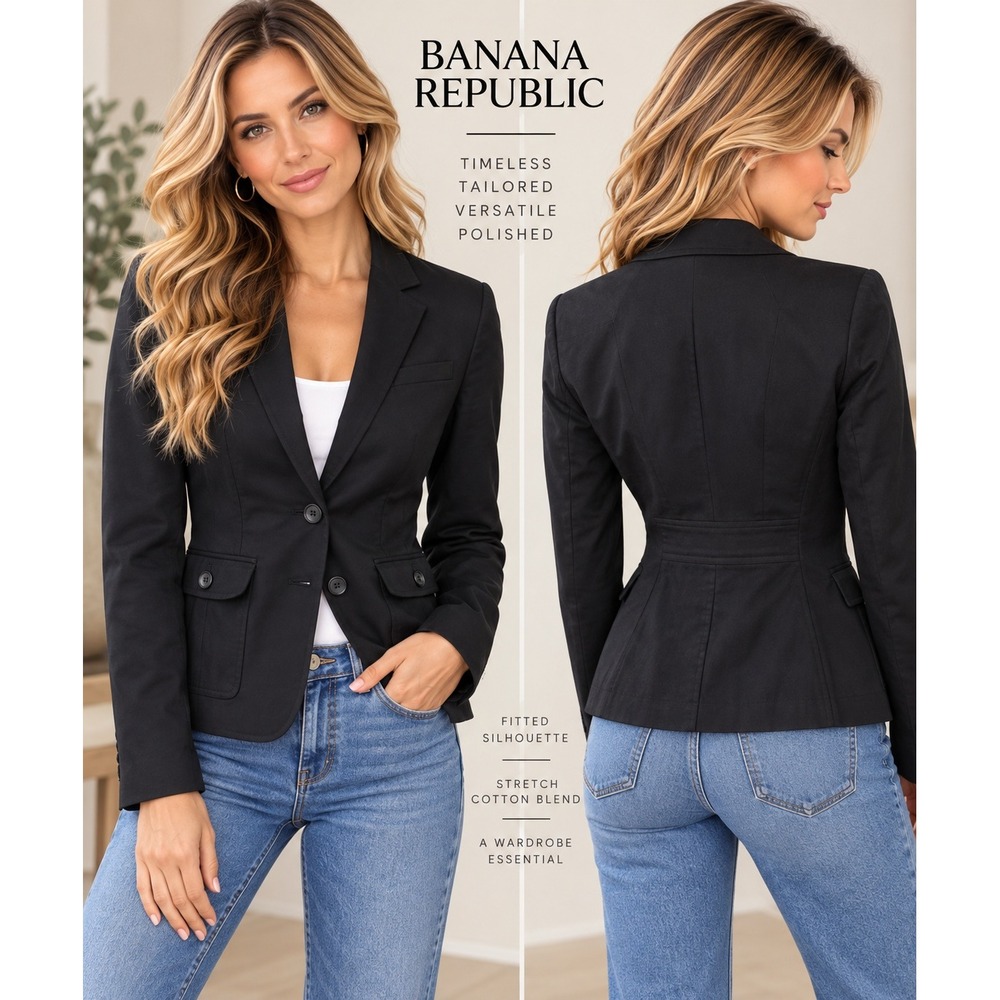 Banana Republic Womens Black Stretch Cotton Fitted Two Button Blazer Size 2